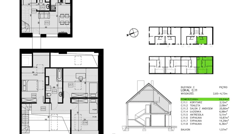 Rzut - Mieszkanie na sprzedaż 4 pokoje o powierzchni 72,26 m² - numer C.11 w Pawia od Nowa