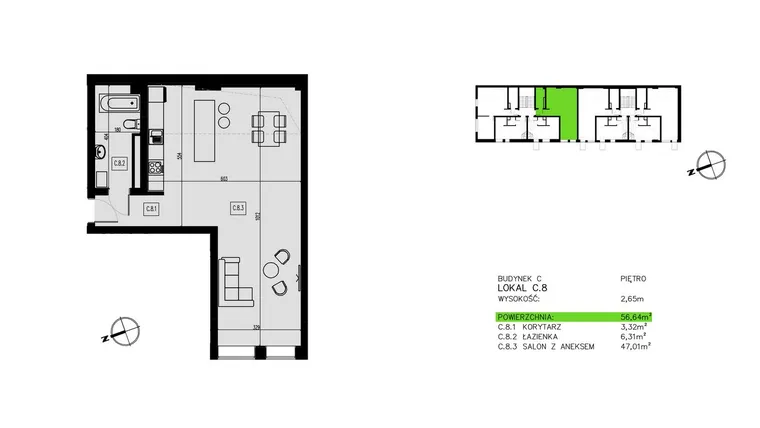 Rzut - Mieszkanie na sprzedaż 2 pokoje o powierzchni 56,71 m² - numer C.8 w Pawia od Nowa