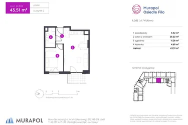 Rzut - Mieszkanie na sprzedaż 2 pokoje o powierzchni 43,51 m² - numer 2.C.0.02 w Murapol Osiedle Filo etap II