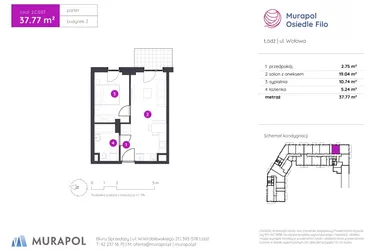 Rzut - Mieszkanie na sprzedaż 2 pokoje o powierzchni 37,77 m² - numer 2.C.0.07 w Murapol Osiedle Filo etap II