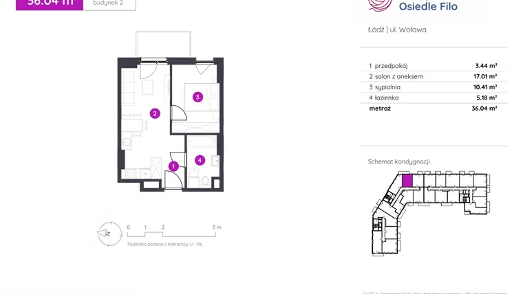 Rzut - Mieszkanie na sprzedaż 2 pokoje o powierzchni 36,04 m² - numer 2.B.3.02 w Murapol Osiedle Filo etap II