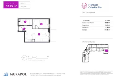 Rzut - Mieszkanie na sprzedaż 2 pokoje o powierzchni 37,75 m² - numer 2.C.3.10 w Murapol Osiedle Filo etap II