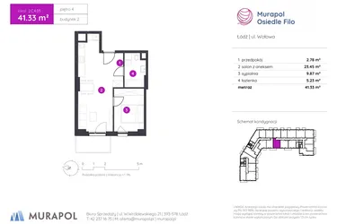 Rzut - Mieszkanie na sprzedaż 2 pokoje o powierzchni 41,33 m² - numer 2.C.4.03 w Murapol Osiedle Filo etap II