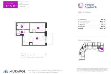 Rzut - Mieszkanie na sprzedaż 2 pokoje o powierzchni 37,75 m² - numer 2.C.4.10 w Murapol Osiedle Filo etap II