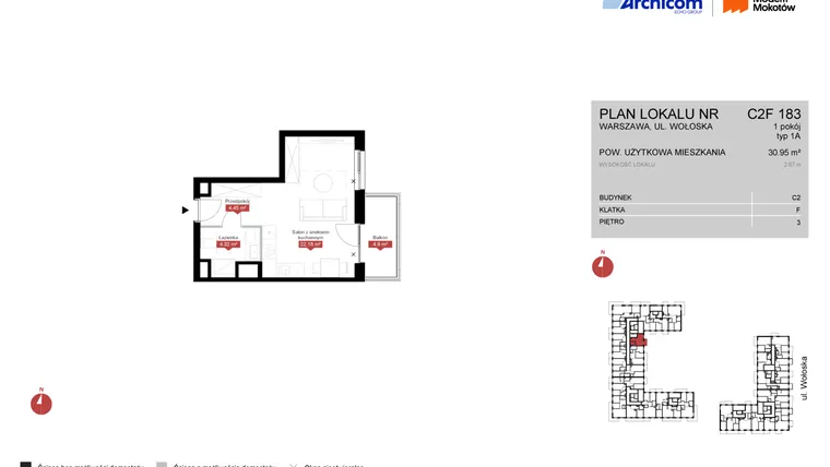 Rzut - Mieszkanie na sprzedaż 1 pokój o powierzchni 30,95 m² - numer C2F 183 w Modern Mokotów etap 3, budynek C1 i C2