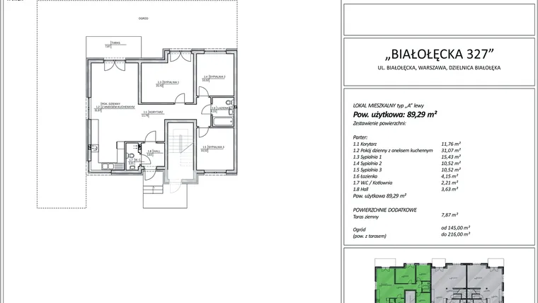 Rzut - Mieszkanie na sprzedaż 4 pokoje o powierzchni 89,29 m² - numer 8A w Białołęcka 327