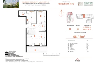 Rzut - Mieszkanie na sprzedaż 4 pokoje o powierzchni 66,48 m² - numer 16.11 w Osiedle Nowe Horyzonty etap II
