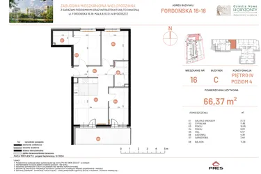 Rzut - Mieszkanie na sprzedaż 4 pokoje o powierzchni 66,37 m² - numer 16.16 w Osiedle Nowe Horyzonty etap II