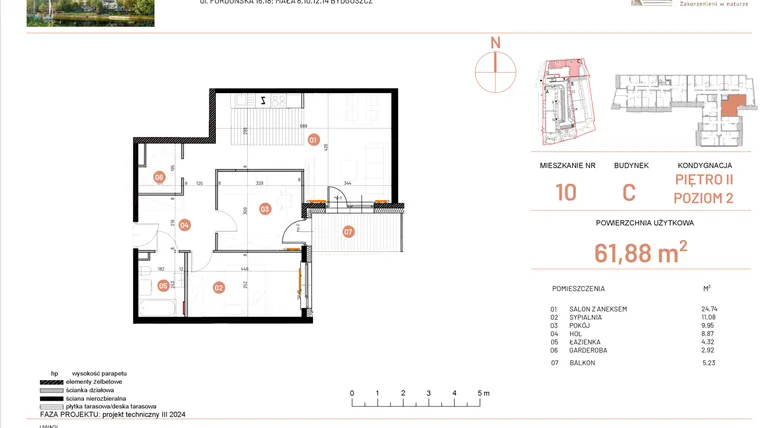 Rzut - Mieszkanie na sprzedaż 3 pokoje o powierzchni 61,88 m² - numer 18.10 w Osiedle Nowe Horyzonty etap II