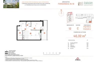 Rzut - Mieszkanie na sprzedaż 2 pokoje o powierzchni 40,32 m² - numer 18.12 w Osiedle Nowe Horyzonty etap II