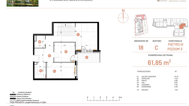Rzut - Mieszkanie na sprzedaż 3 pokoje o powierzchni 61,85 m² - numer 18.18 w Osiedle Nowe Horyzonty etap II