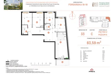 Rzut - Mieszkanie na sprzedaż 5 pokoi o powierzchni 83,59 m² - numer 18.33 w Osiedle Nowe Horyzonty etap II