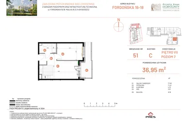 Rzut - Mieszkanie na sprzedaż 2 pokoje o powierzchni 36,95 m² - numer 18.51 w Osiedle Nowe Horyzonty etap II
