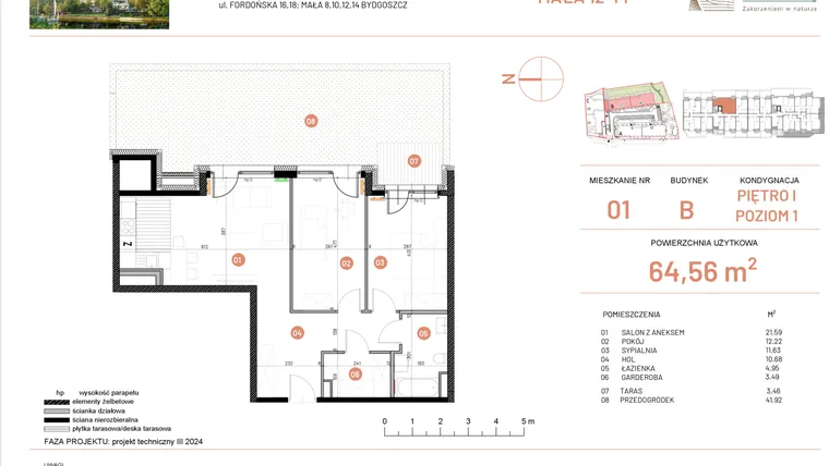 Rzut - Mieszkanie na sprzedaż 3 pokoje o powierzchni 64,56 m² - numer 12.1 w Osiedle Nowe Horyzonty etap III