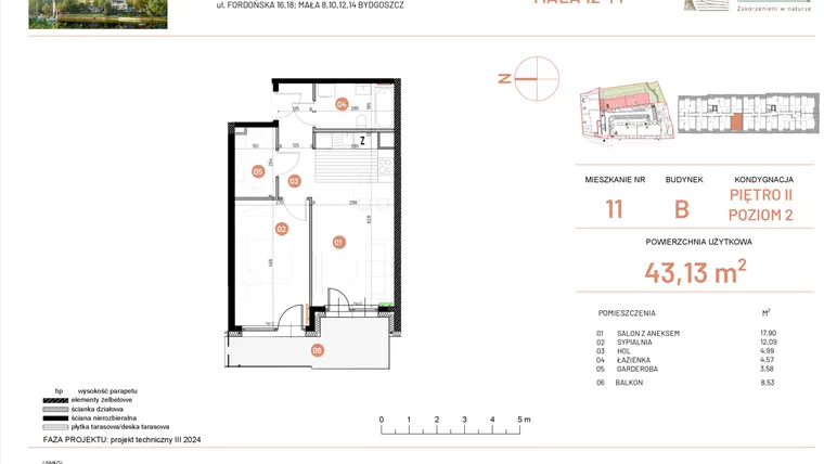 Rzut - Mieszkanie na sprzedaż 2 pokoje o powierzchni 43,13 m² - numer 12.11 w Osiedle Nowe Horyzonty etap III