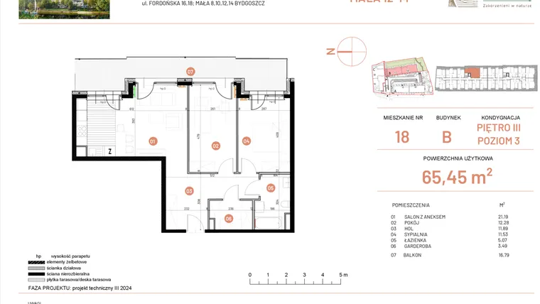 Rzut - Mieszkanie na sprzedaż 3 pokoje o powierzchni 65,45 m² - numer 12.18 w Osiedle Nowe Horyzonty etap III