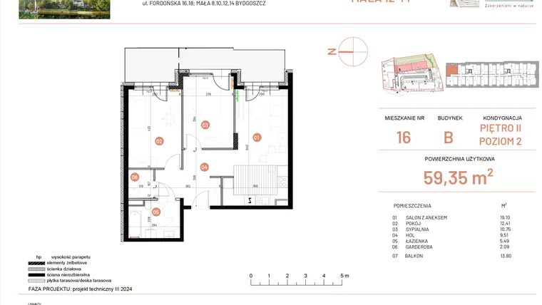 Rzut - Mieszkanie na sprzedaż 3 pokoje o powierzchni 59,35 m² - numer 12.16 w Osiedle Nowe Horyzonty etap III