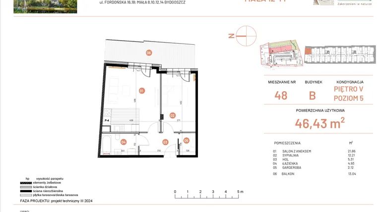 Rzut - Mieszkanie na sprzedaż 2 pokoje o powierzchni 46,43 m² - numer 12.48 w Osiedle Nowe Horyzonty etap III