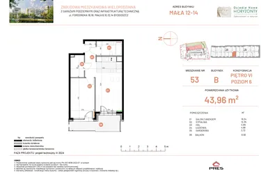 Rzut - Mieszkanie na sprzedaż 2 pokoje o powierzchni 43,96 m² - numer 12.53 w Osiedle Nowe Horyzonty etap III