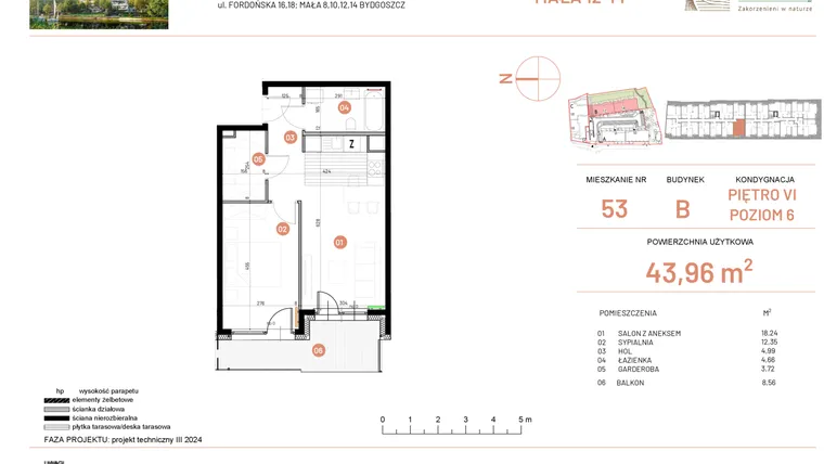 Rzut - Mieszkanie na sprzedaż 2 pokoje o powierzchni 43,96 m² - numer 12.53 w Osiedle Nowe Horyzonty etap III
