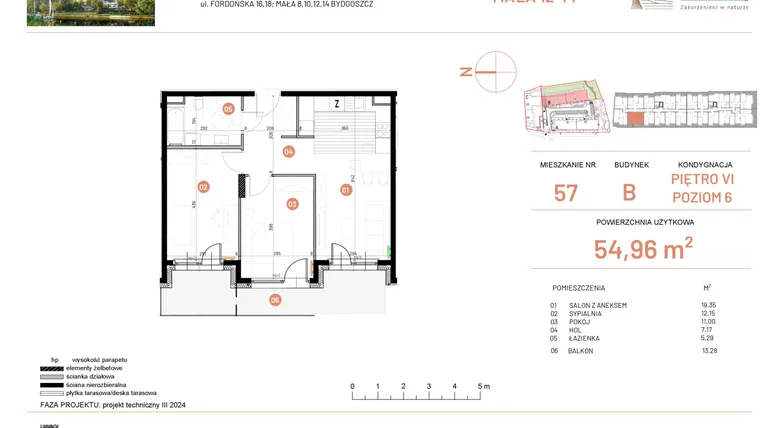 Rzut - Mieszkanie na sprzedaż 3 pokoje o powierzchni 54,96 m² - numer 12.57 w Osiedle Nowe Horyzonty etap III