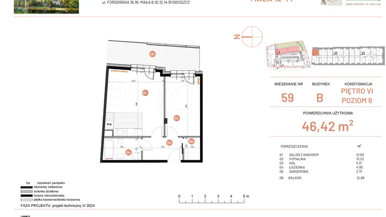 Rzut - Mieszkanie na sprzedaż 2 pokoje o powierzchni 46,42 m² - numer 12.59 w Osiedle Nowe Horyzonty etap III