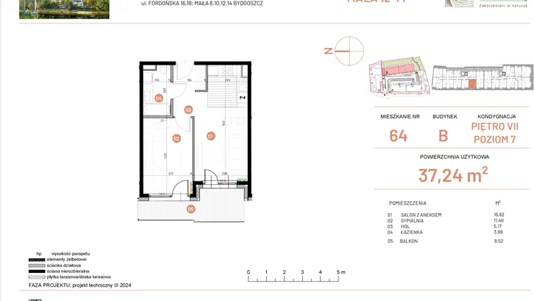 Rzut - Mieszkanie na sprzedaż 2 pokoje o powierzchni 37,24 m² - numer 12.64 w Osiedle Nowe Horyzonty etap III
