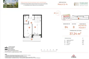 Rzut - Mieszkanie na sprzedaż 2 pokoje o powierzchni 37,24 m² - numer 12.64 w Osiedle Nowe Horyzonty etap III