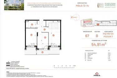 Rzut - Mieszkanie na sprzedaż 3 pokoje o powierzchni 54,91 m² - numer 12.67 w Osiedle Nowe Horyzonty etap III