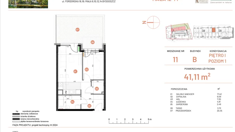 Rzut - Mieszkanie na sprzedaż 2 pokoje o powierzchni 41,11 m² - numer 14.11 w Osiedle Nowe Horyzonty etap III