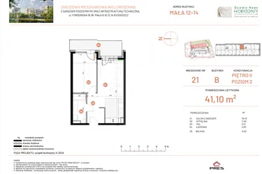 Rzut - Mieszkanie na sprzedaż 2 pokoje o powierzchni 41,1 m² - numer 14.21 w Osiedle Nowe Horyzonty etap III