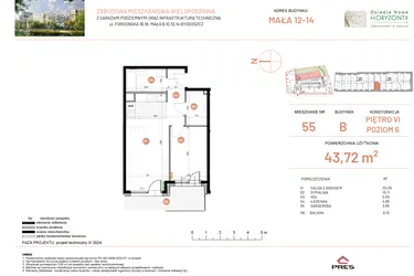 Rzut - Mieszkanie na sprzedaż 2 pokoje o powierzchni 43,72 m² - numer 14.55 w Osiedle Nowe Horyzonty etap III