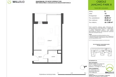 Rzut - Mieszkanie na sprzedaż 1 pokój o powierzchni 37,89 m² - numer OJP3/B/P1/15 w Osiedle Janowo Park III klatka B i C