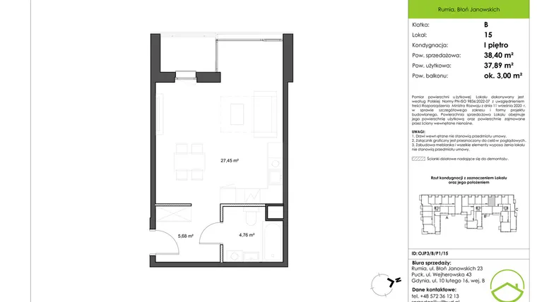 Rzut - Mieszkanie na sprzedaż 1 pokój o powierzchni 37,89 m² - numer OJP3/B/P1/15 w Osiedle Janowo Park III klatka B i C