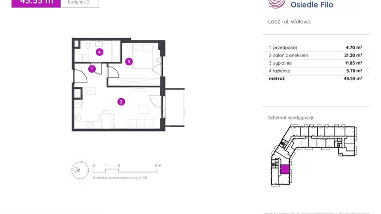 Rzut - Mieszkanie na sprzedaż 2 pokoje o powierzchni 43,53 m² - numer 2.A.9.02 w Murapol Osiedle Filo etap II