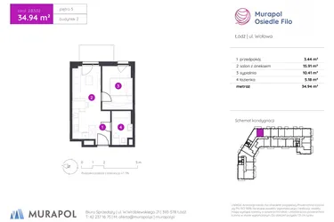 Rzut - Mieszkanie na sprzedaż 2 pokoje o powierzchni 34,94 m² - numer 2.B.5.02 w Murapol Osiedle Filo etap II