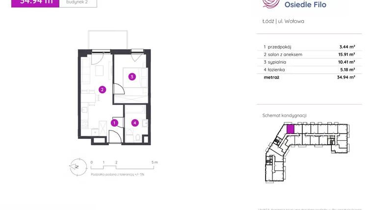 Rzut - Mieszkanie na sprzedaż 2 pokoje o powierzchni 34,94 m² - numer 2.B.5.02 w Murapol Osiedle Filo etap II