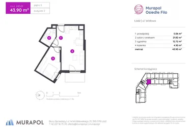 Rzut - Mieszkanie na sprzedaż 2 pokoje o powierzchni 43,9 m² - numer 2.B.5.05 w Murapol Osiedle Filo etap II