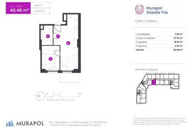 Rzut - Mieszkanie na sprzedaż 2 pokoje o powierzchni 40,48 m² - numer 2.B.6.04 w Murapol Osiedle Filo etap II