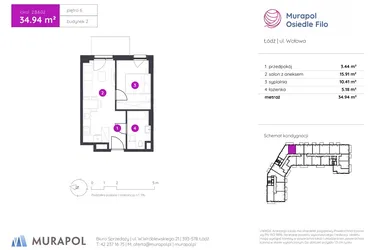 Rzut - Mieszkanie na sprzedaż 2 pokoje o powierzchni 34,94 m² - numer 2.B.6.02 w Murapol Osiedle Filo etap II