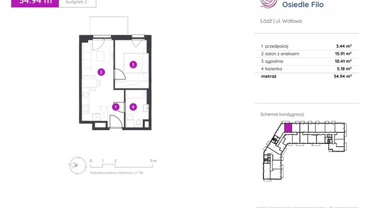 Rzut - Mieszkanie na sprzedaż 2 pokoje o powierzchni 34,94 m² - numer 2.B.6.02 w Murapol Osiedle Filo etap II