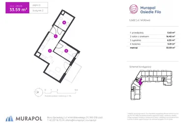 Rzut - Mieszkanie na sprzedaż 2 pokoje o powierzchni 33,59 m² - numer 2.B.6.06 w Murapol Osiedle Filo etap II