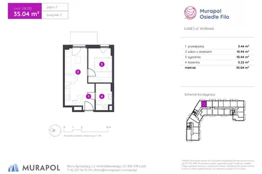 Rzut - Mieszkanie na sprzedaż 2 pokoje o powierzchni 35,04 m² - numer 2.B.7.02 w Murapol Osiedle Filo etap II