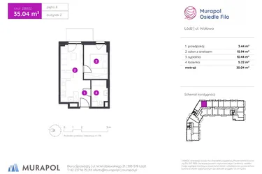 Rzut - Mieszkanie na sprzedaż 2 pokoje o powierzchni 35,04 m² - numer 2.B.8.02 w Murapol Osiedle Filo etap II