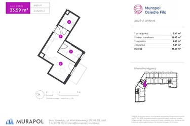 Rzut - Mieszkanie na sprzedaż 2 pokoje o powierzchni 33,59 m² - numer 2.B.8.06 w Murapol Osiedle Filo etap II