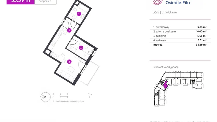 Rzut - Mieszkanie na sprzedaż 2 pokoje o powierzchni 33,59 m² - numer 2.B.8.06 w Murapol Osiedle Filo etap II