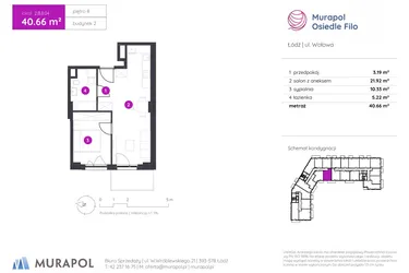 Rzut - Mieszkanie na sprzedaż 2 pokoje o powierzchni 40,66 m² - numer 2.B.8.04 w Murapol Osiedle Filo etap II