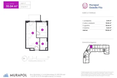 Rzut - Mieszkanie na sprzedaż 2 pokoje o powierzchni 35,04 m² - numer 2.B.9.02 w Murapol Osiedle Filo etap II