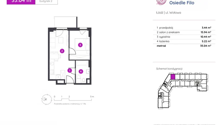 Rzut - Mieszkanie na sprzedaż 2 pokoje o powierzchni 35,04 m² - numer 2.B.9.02 w Murapol Osiedle Filo etap II