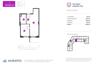 Rzut - Mieszkanie na sprzedaż 2 pokoje o powierzchni 40,66 m² - numer 2.B.9.04 w Murapol Osiedle Filo etap II